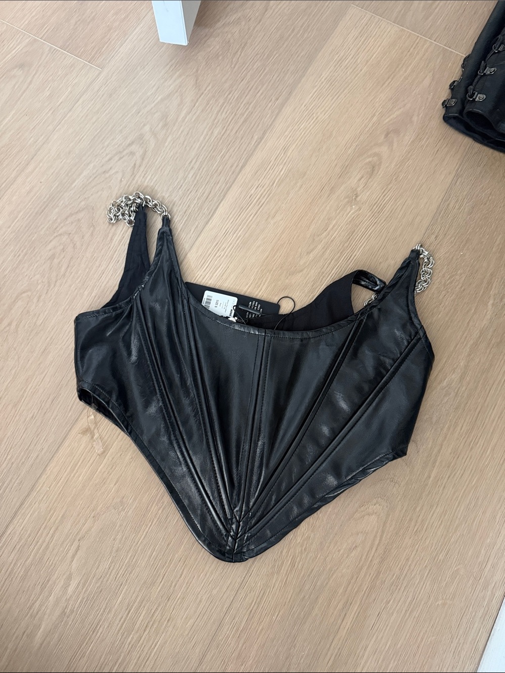 Nwt Black Faux Leather Corset Top with Chain Straps